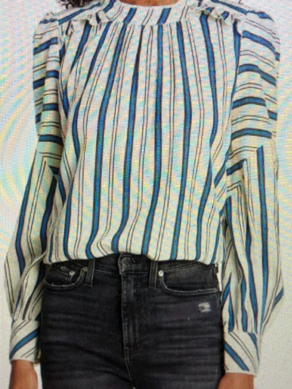 ba&sh Season Striped Long Sleeve Blouse Pleated High Neck Blue Cream Cotton M